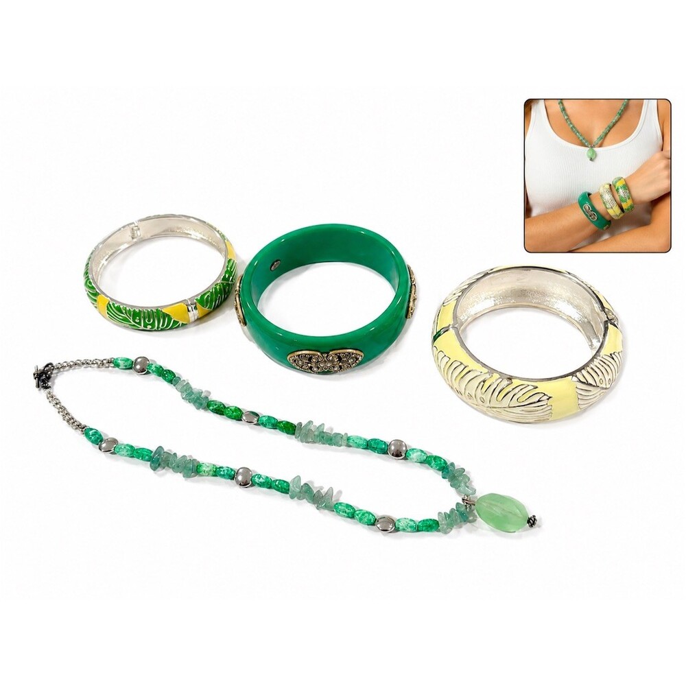 4 pc bundle set Yellow Green Statement Jewelry Beaded Necklace bracelet bangle